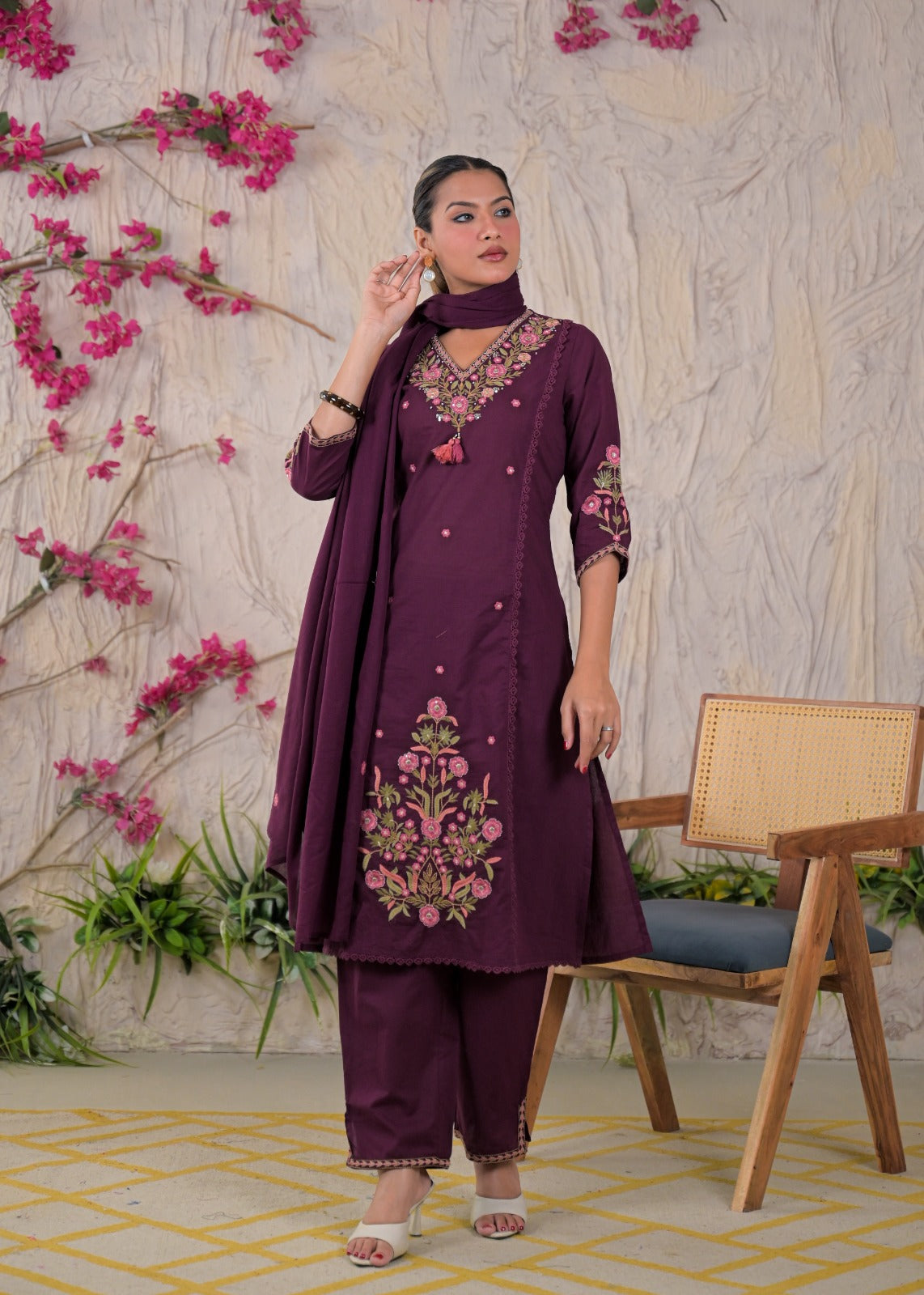 Floral Yoke & Daman Embroidered Straight Kurta Suit Set
