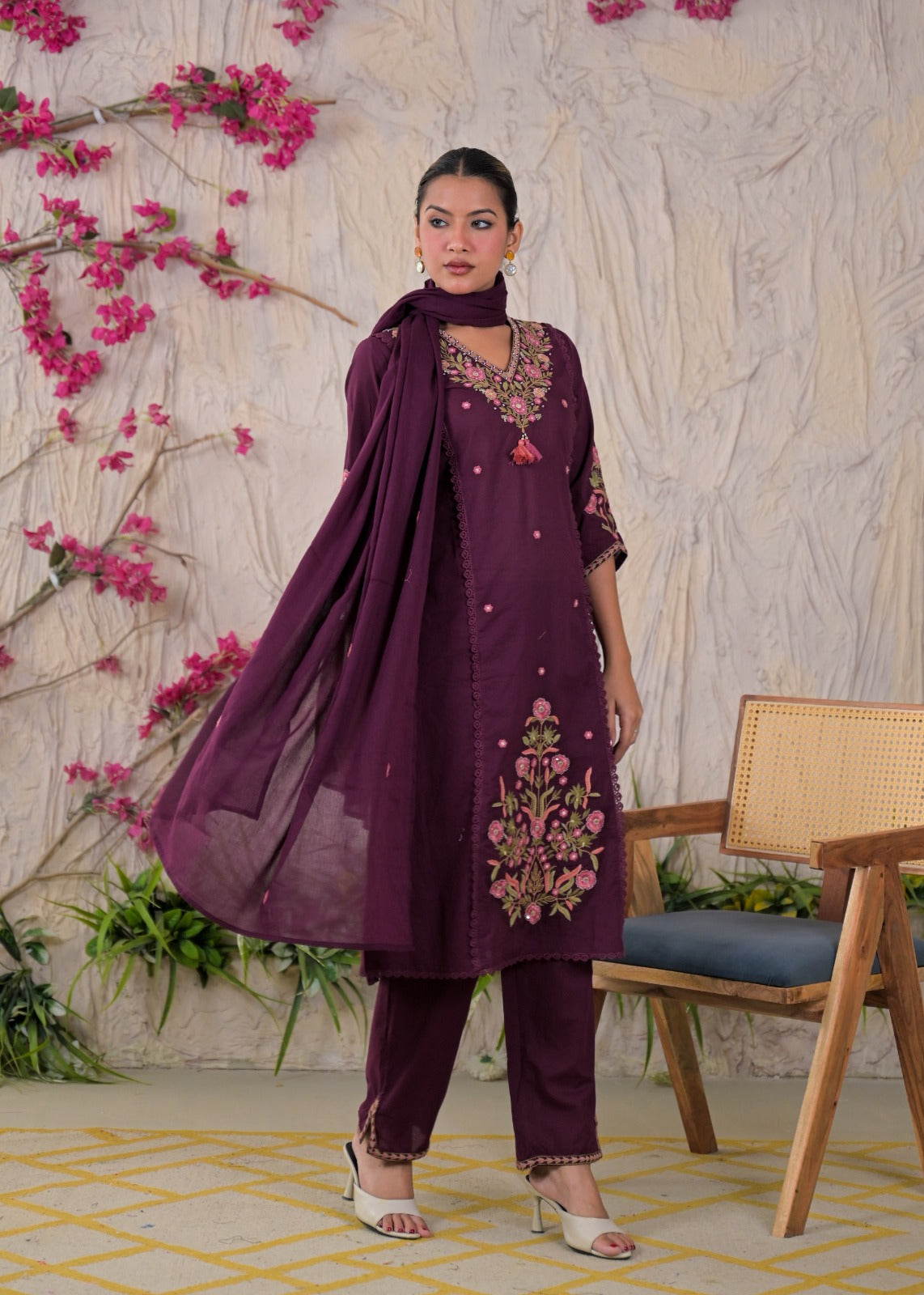 Floral Yoke & Daman Embroidered Straight Kurta Suit Set