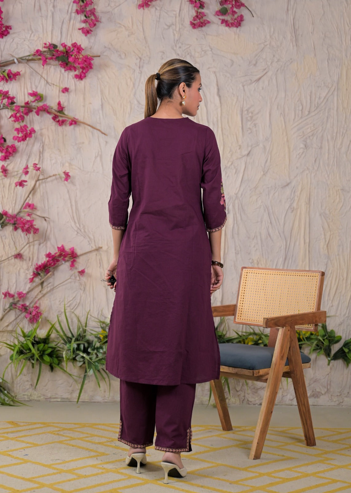 Floral Yoke & Daman Embroidered Straight Kurta Suit Set