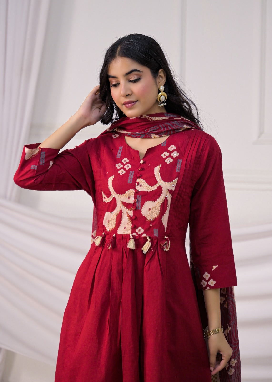 Pintuck & Tassel Detail Anarkali Suit Set
