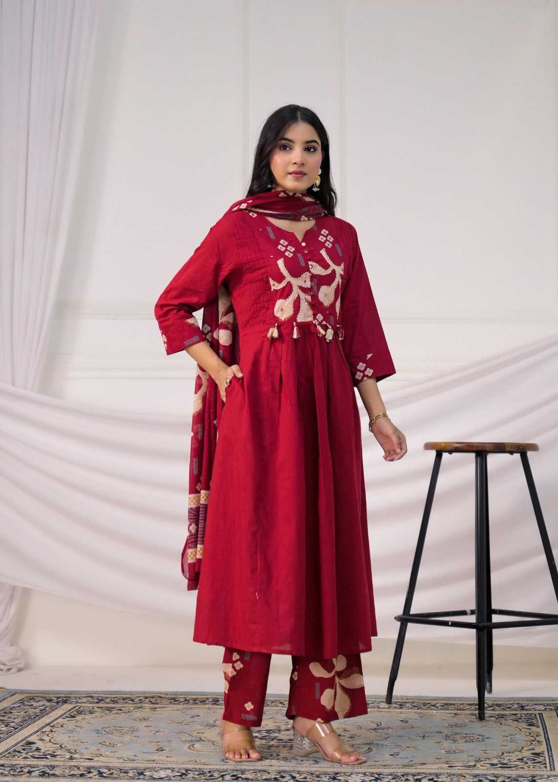 Pintuck & Tassel Detail Anarkali Suit Set