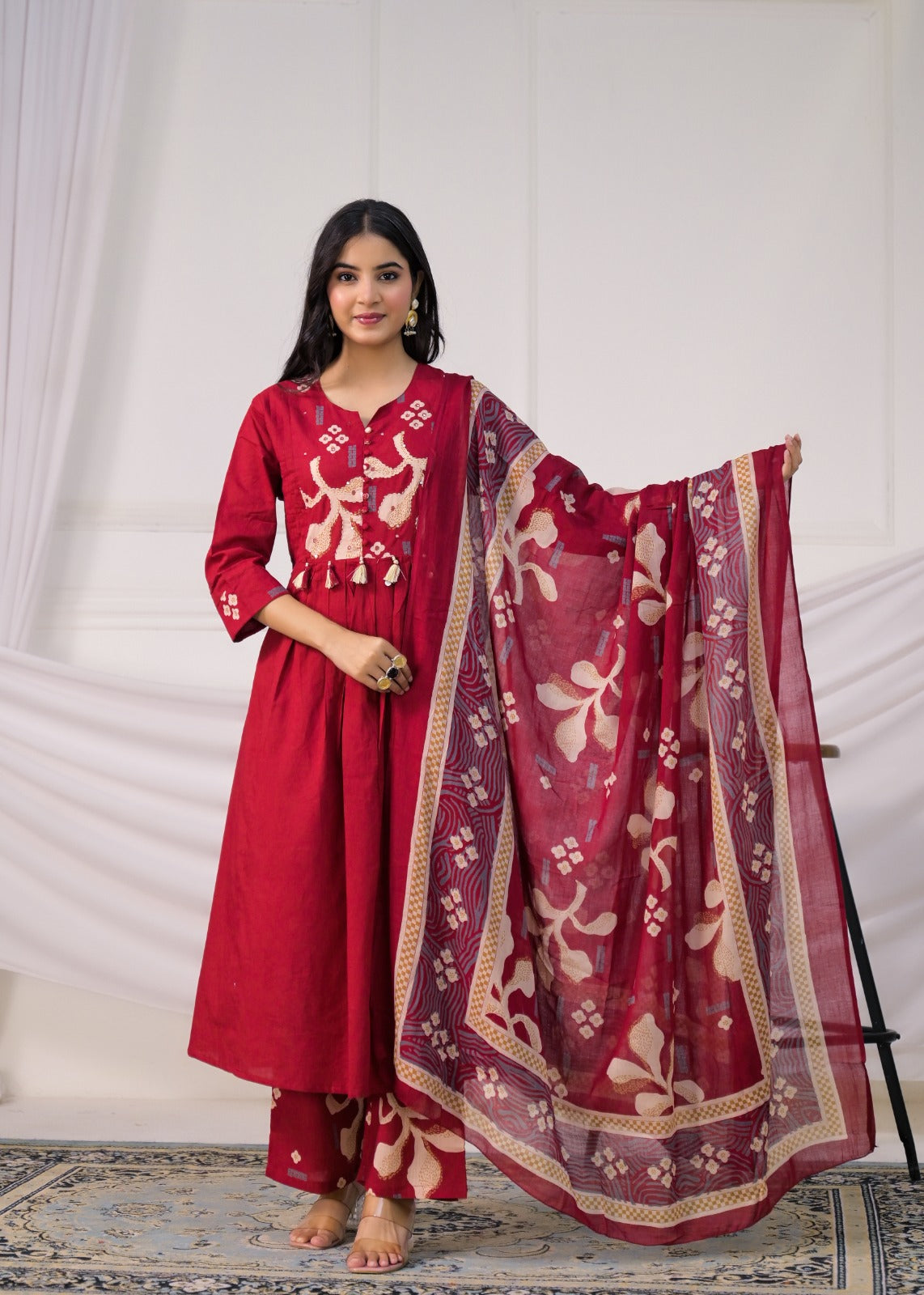 Pintuck & Tassel Detail Anarkali Suit Set