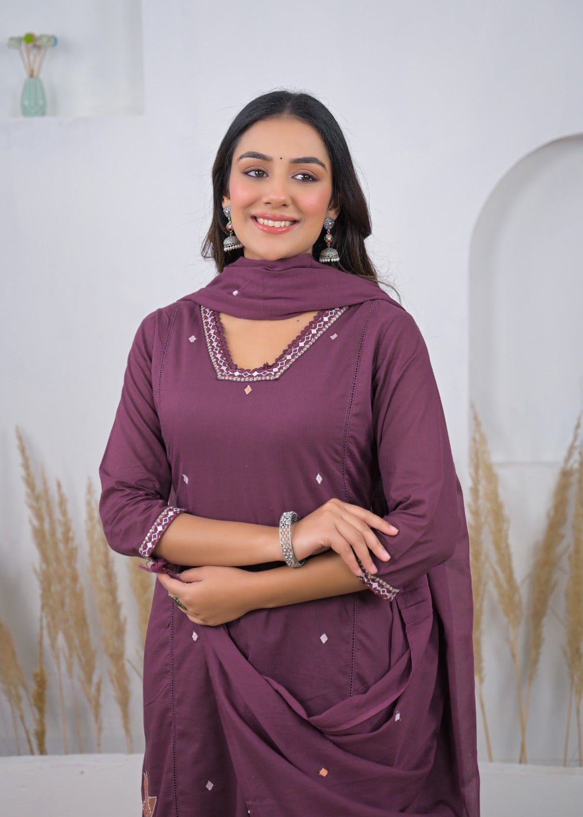 Side-Slit Floral Embroidered Straight Kurta Suit Set