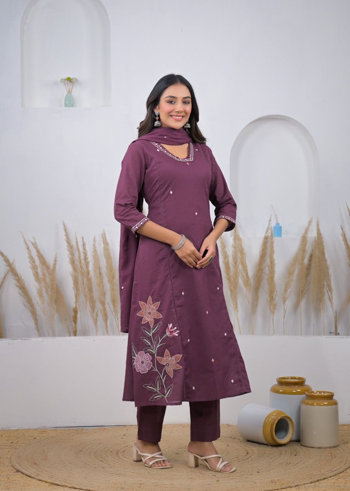 Side-Slit Floral Embroidered Straight Kurta Suit Set