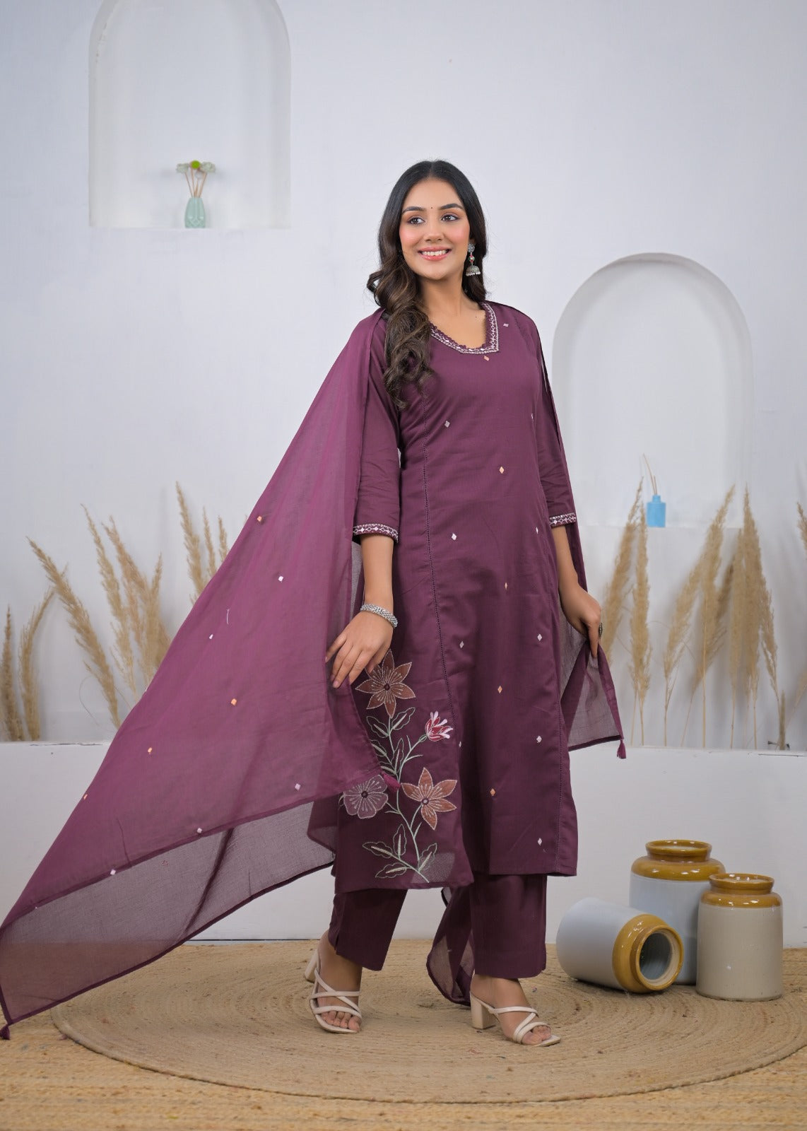 Side-Slit Floral Embroidered Straight Kurta Suit Set