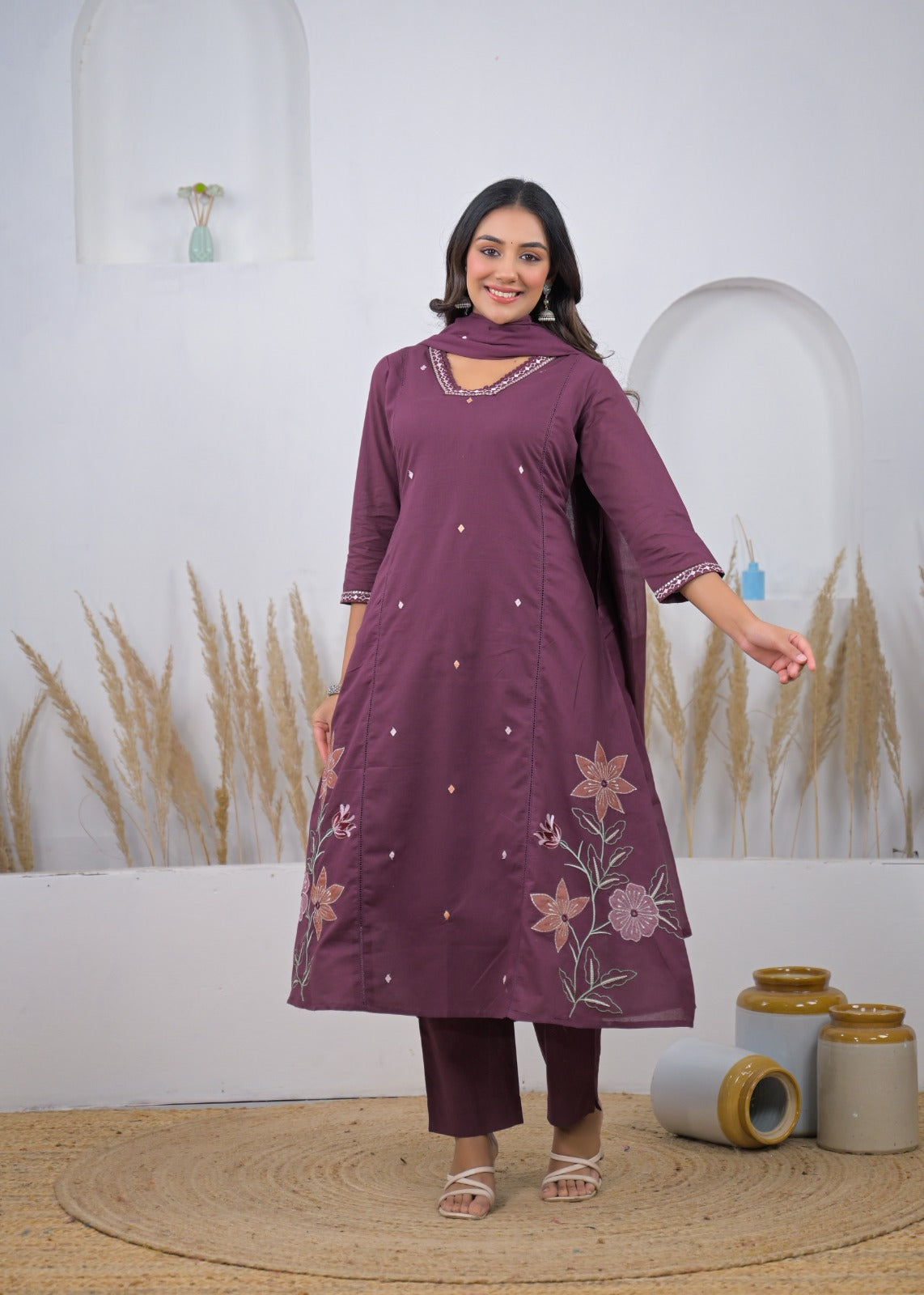 Side-Slit Floral Embroidered Straight Kurta Suit Set