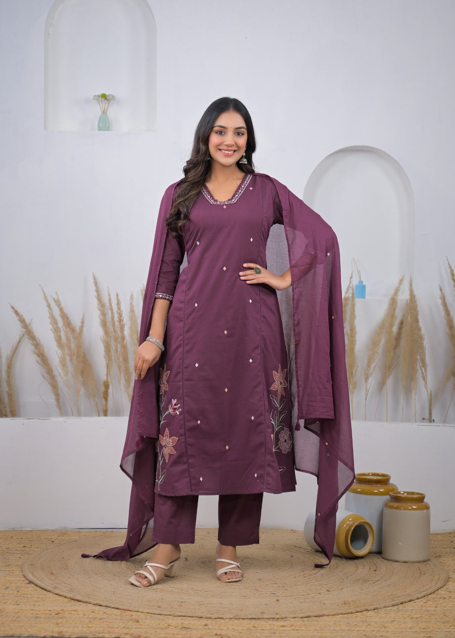 Side-Slit Floral Embroidered Straight Kurta Suit Set