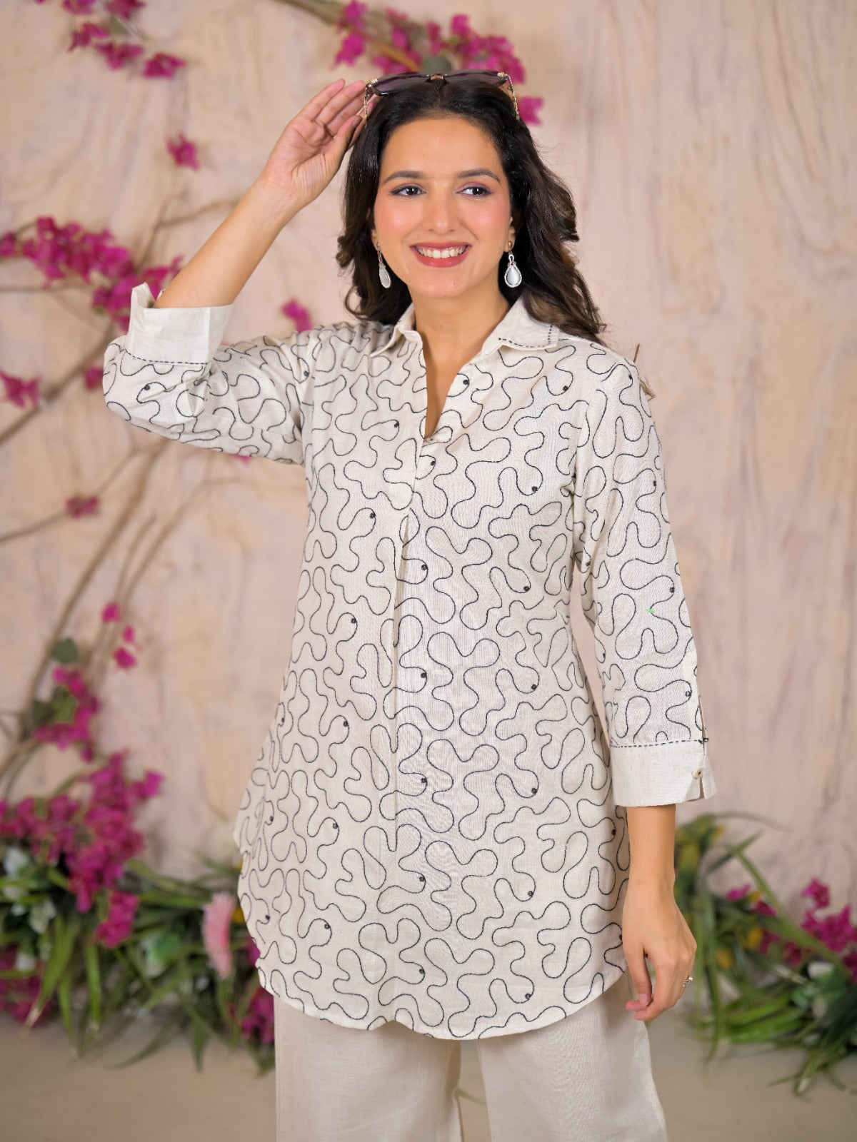 Swirl Embroidered Collared Tunic & Wide-Leg Trouser Co-ord Set