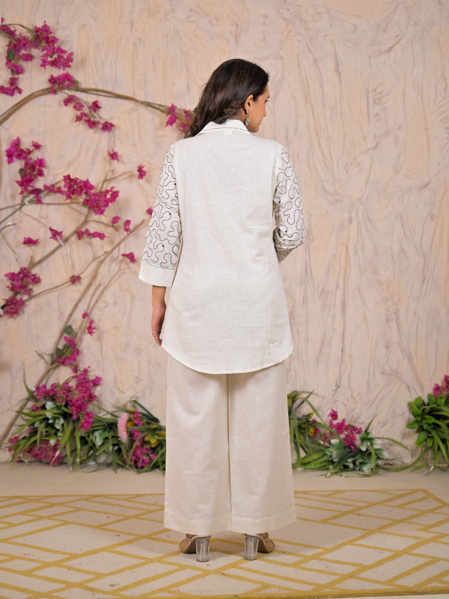 Swirl Embroidered Collared Tunic & Wide-Leg Trouser Co-ord Set