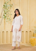 Thread Embroidered Placket & Daman Kurta Pant Set