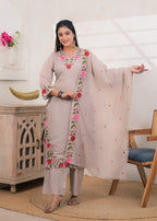 Resham Work V-Neck Kurti, Pants & Dupatta (Set of 3)