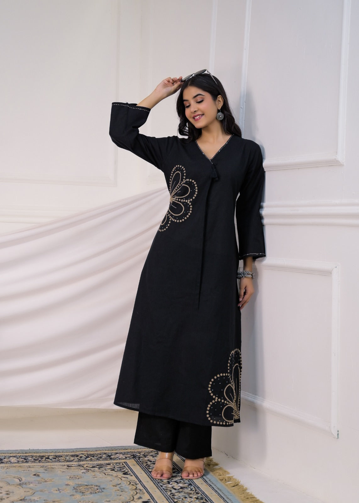 Asymmetric Floral Embroidered A-Line Kurta & Palazzo Set