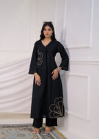 Asymmetric Floral Embroidered A-Line Kurta & Palazzo Set