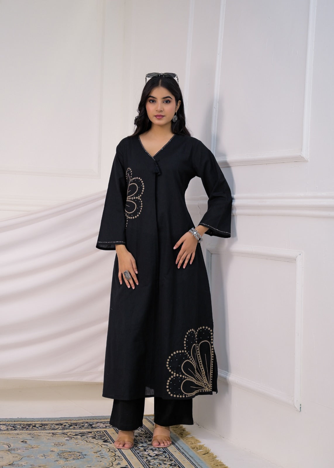 Asymmetric Floral Embroidered A-Line Kurta & Palazzo Set