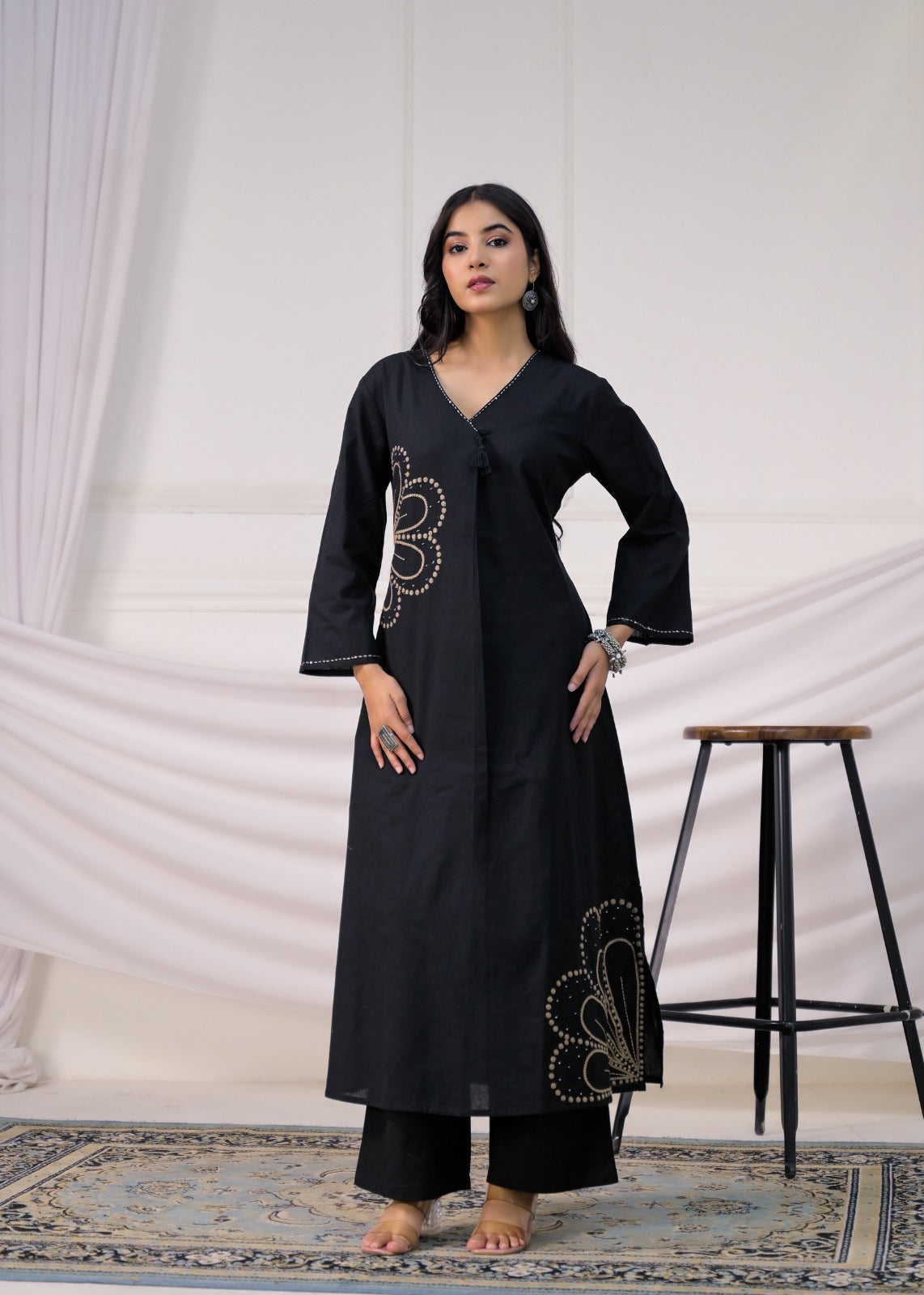 Asymmetric Floral Embroidered A-Line Kurta & Palazzo Set