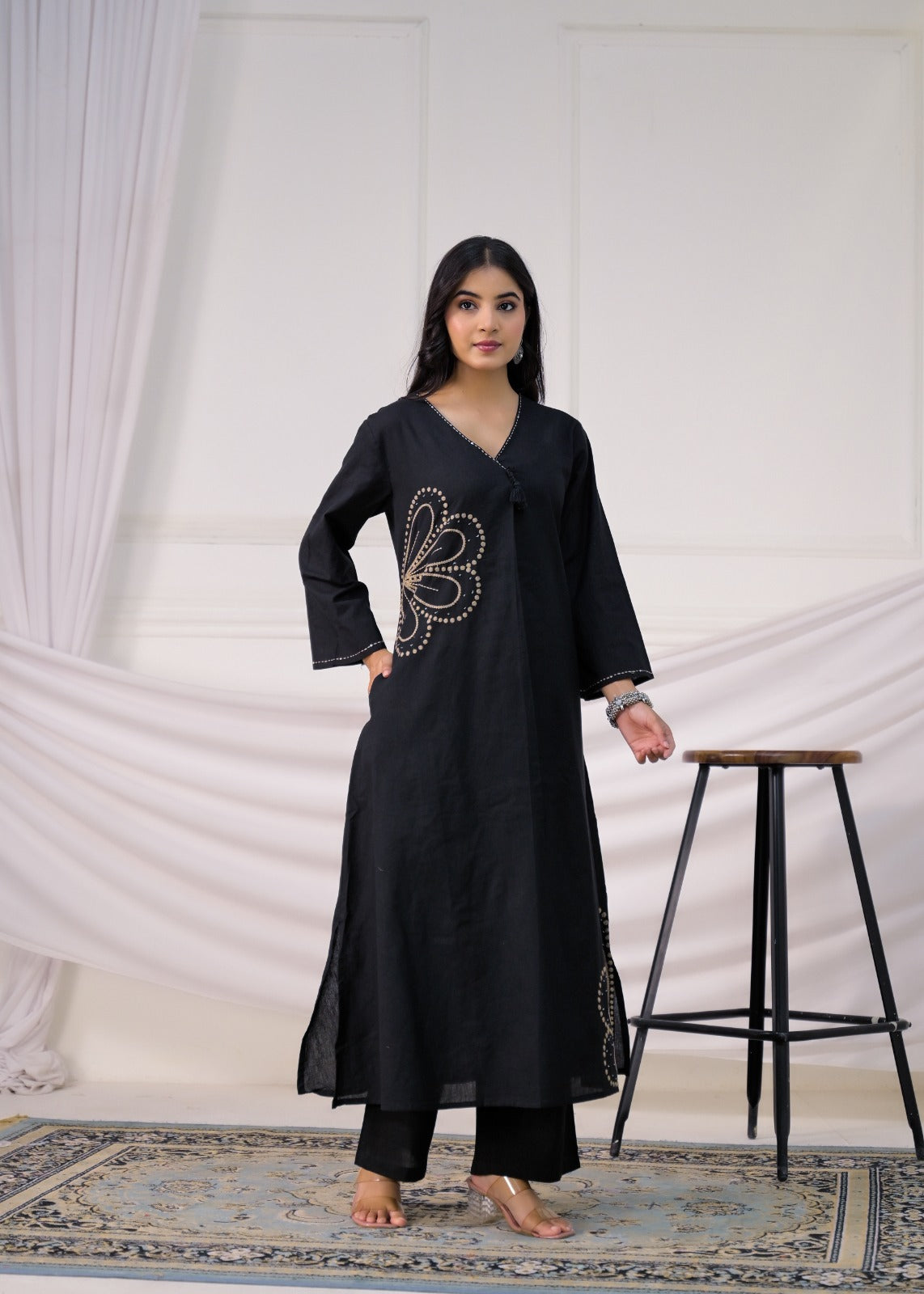 Asymmetric Floral Embroidered A-Line Kurta & Palazzo Set