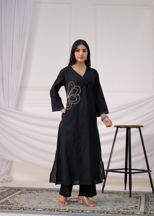 Asymmetric Floral Embroidered A-Line Kurta & Palazzo Set