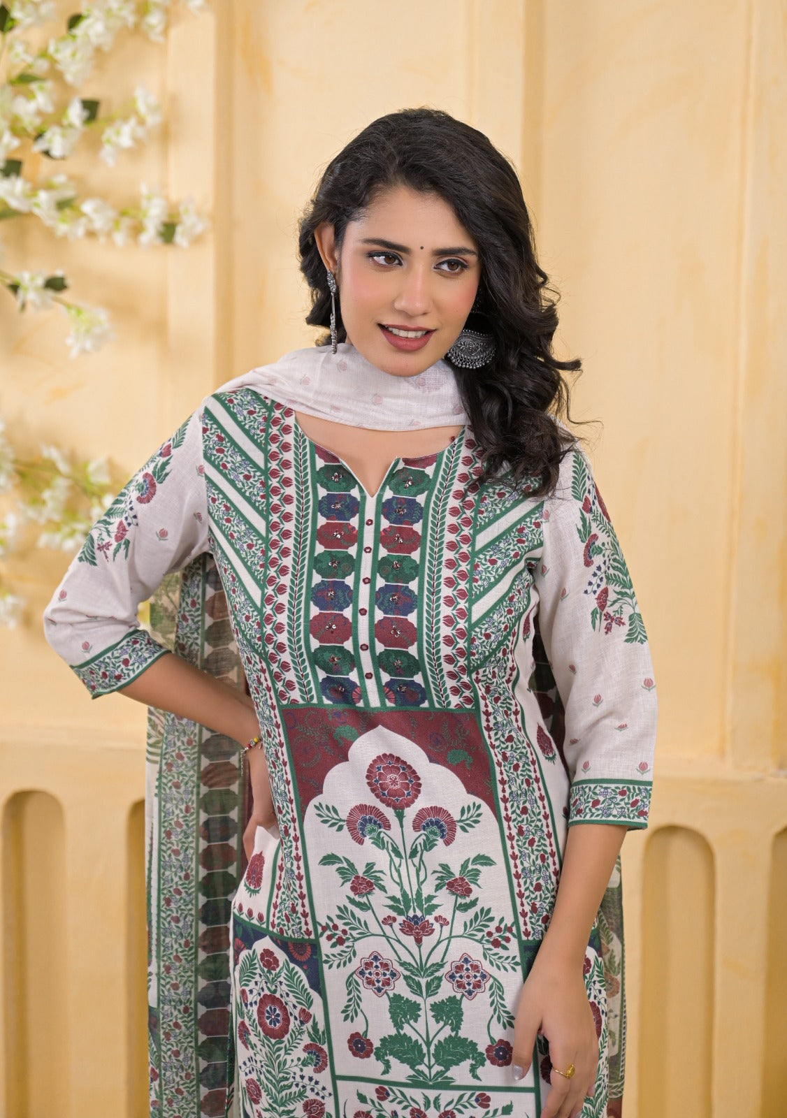 Heritage Arch Motif Straight Kurta Suit with Printed Dupatta