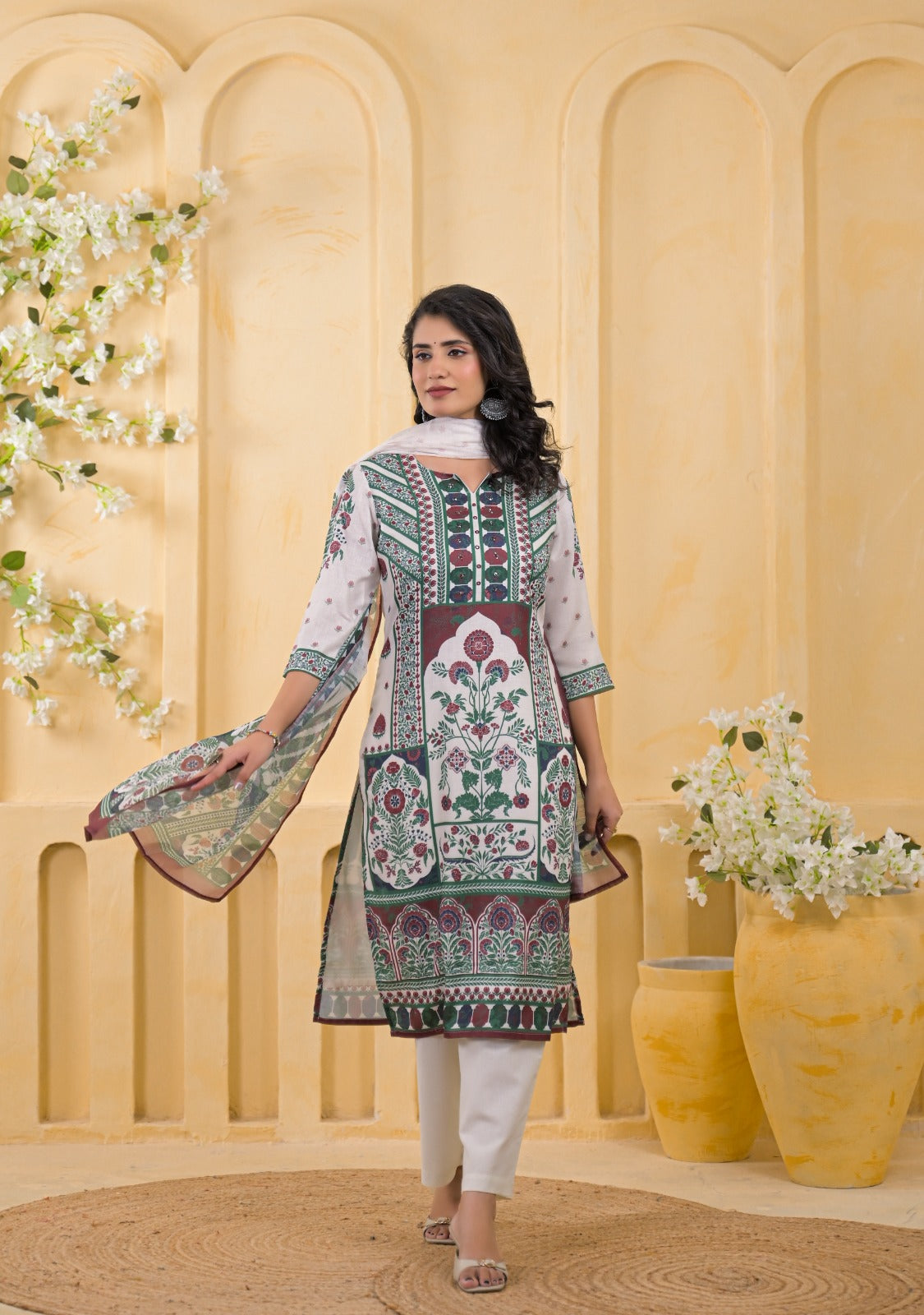 Heritage Arch Motif Straight Kurta Suit with Printed Dupatta