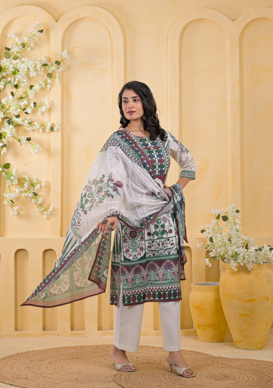 Heritage Arch Motif Straight Kurta Suit with Printed Dupatta