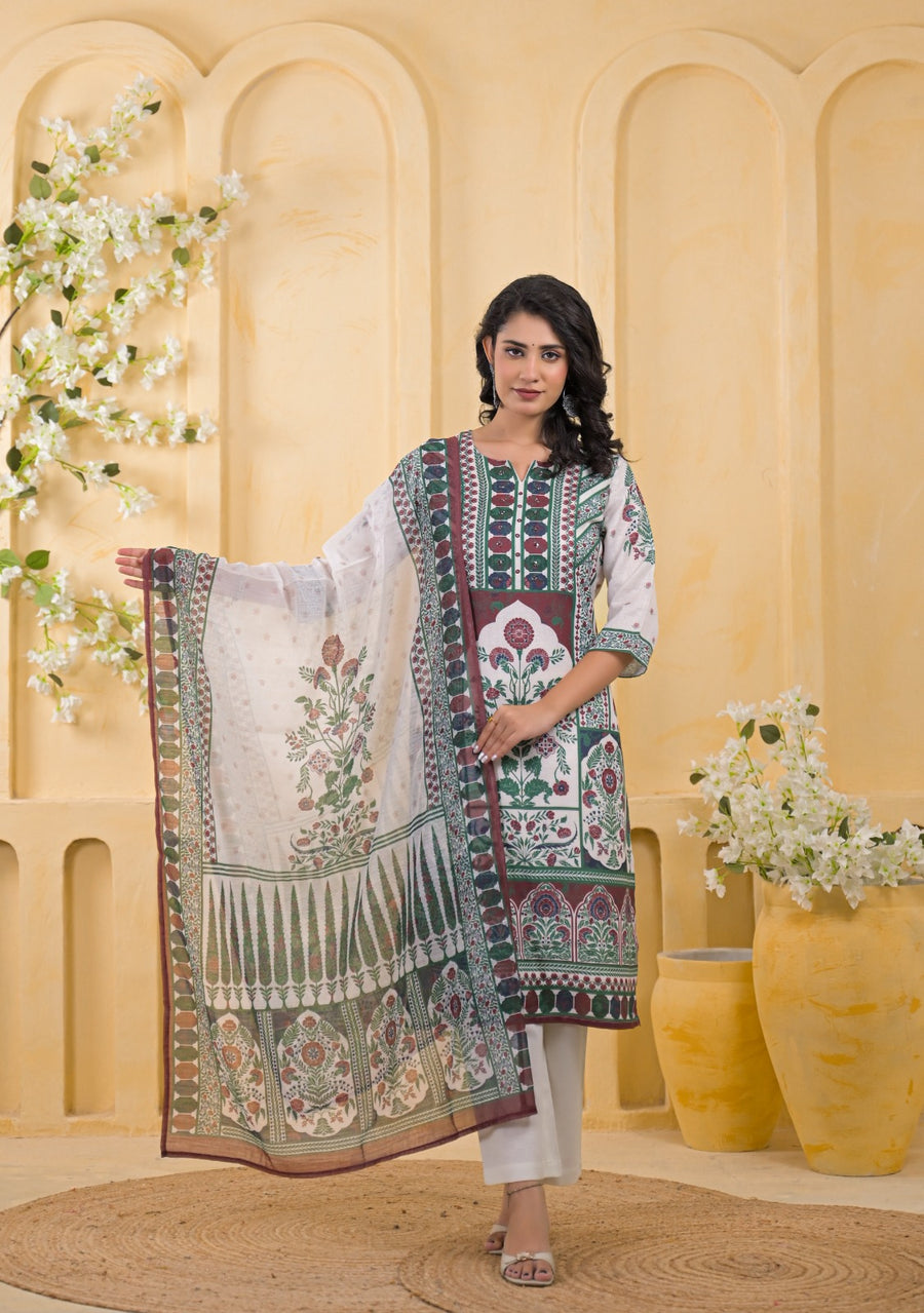 Heritage Arch Motif Straight Kurta Suit with Printed Dupatta