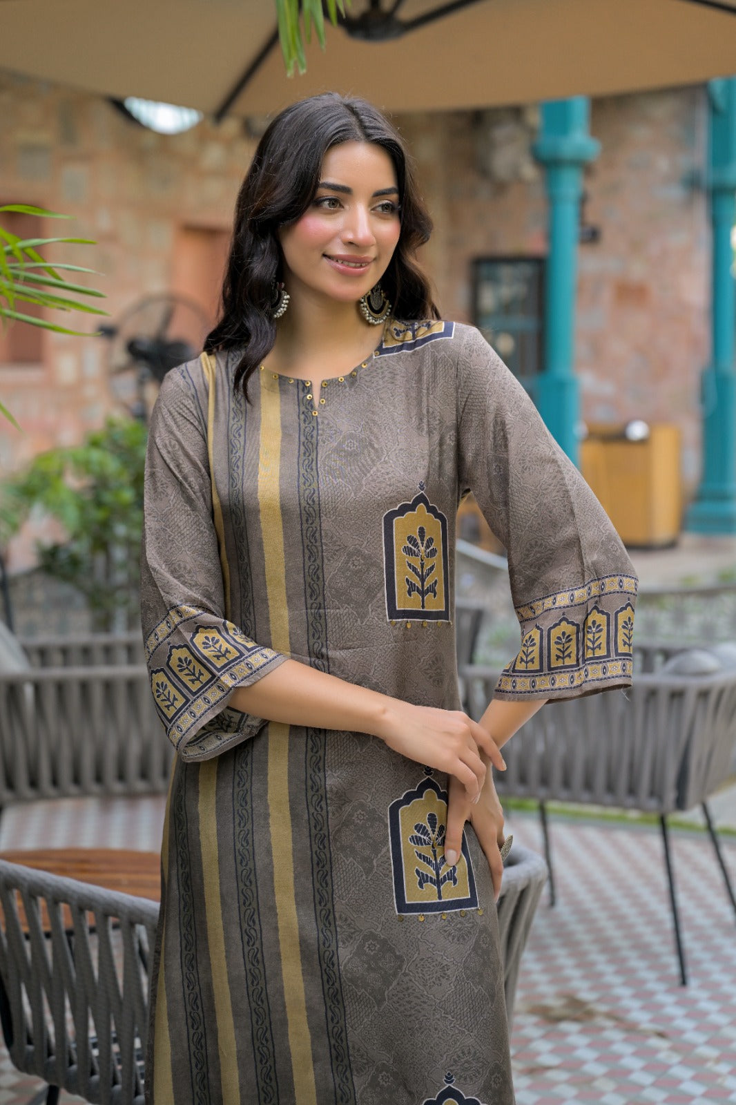 Asymmetric Hem Muslin Kurti & Trouser 2-Piece Set