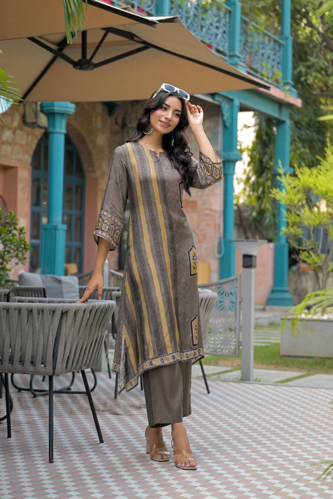 Asymmetric Hem Muslin Kurti & Trouser 2-Piece Set
