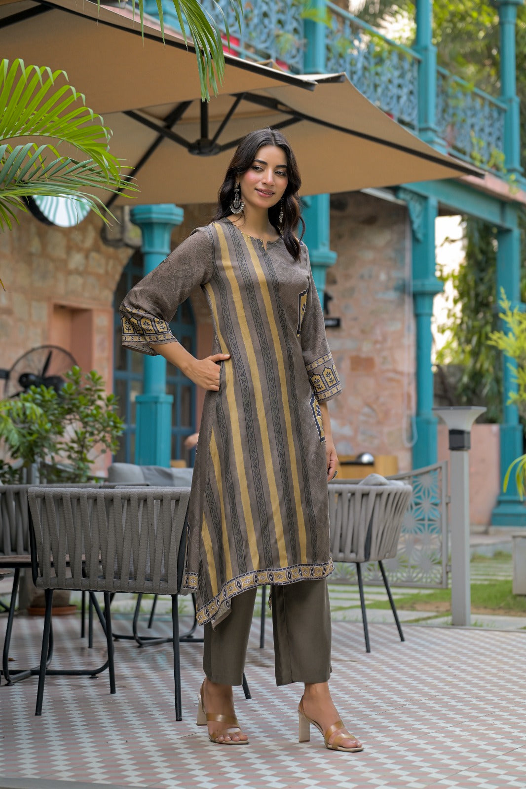 Asymmetric Hem Muslin Kurti & Trouser 2-Piece Set