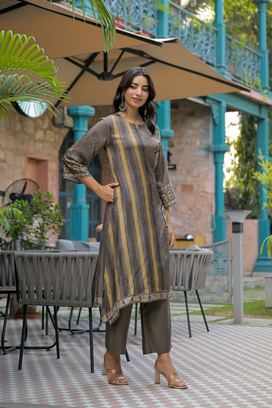 Asymmetric Hem Muslin Kurti & Trouser 2-Piece Set