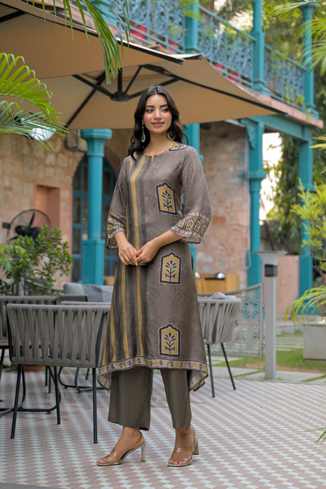 Asymmetric Hem Muslin Kurti & Trouser 2-Piece Set