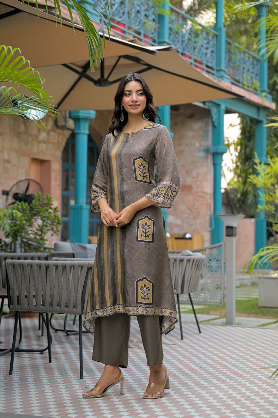 Asymmetric Hem Muslin Kurti & Trouser 2-Piece Set