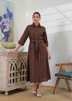 Contrast Topstitch Belted Shirt Dress
