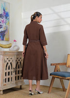 Contrast Topstitch Belted Shirt Dress