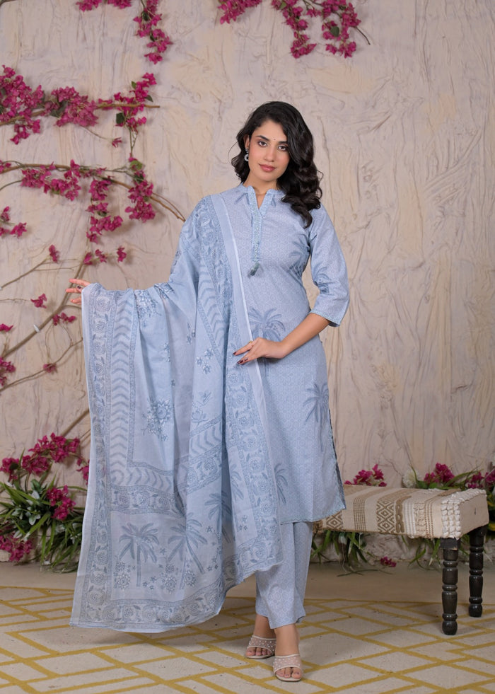 Palm Motif Printed Straight Kurta Set with Trousers & Dupatta