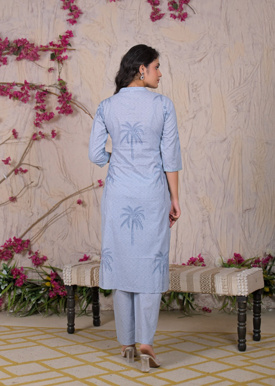 Palm Motif Printed Straight Kurta Set with Trousers & Dupatta