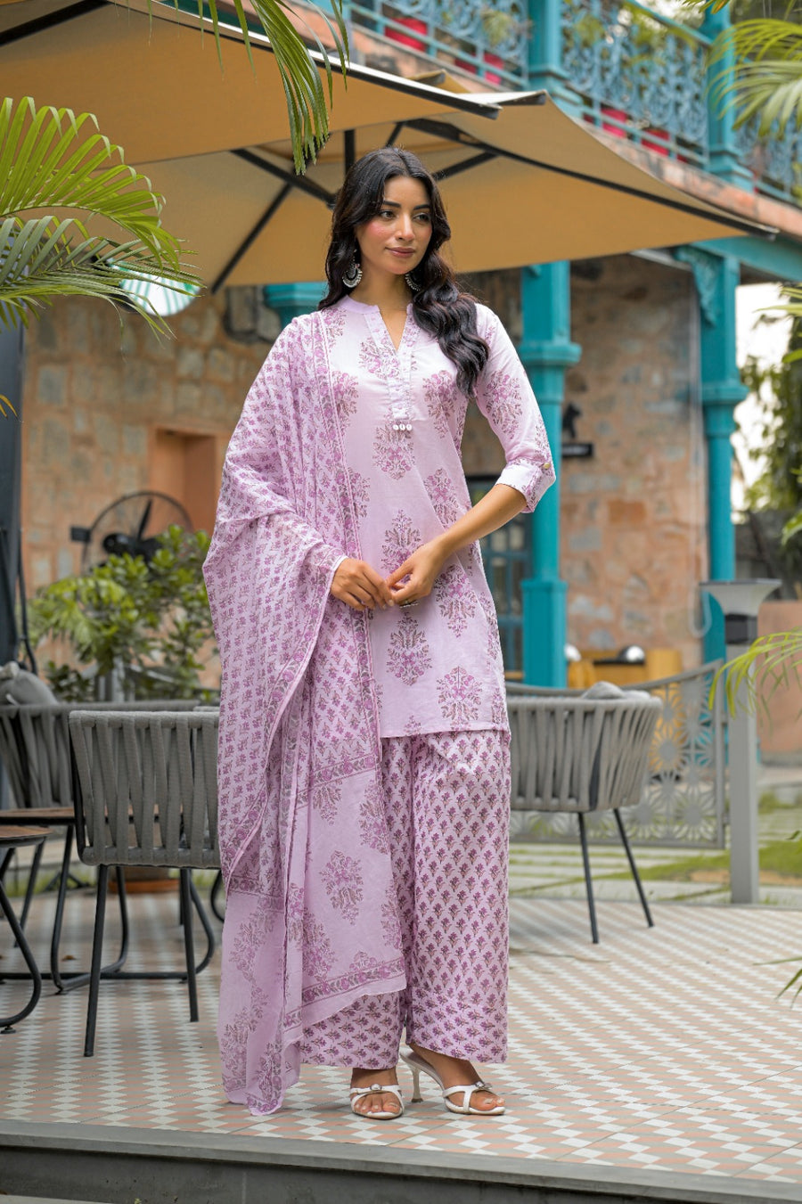 Women's Floral Printed Straight Kurta with Farshi  and Dupatta Set