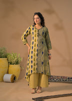Dual-Pattern Asymmetric Hem Kurta & Straight Trouser Set