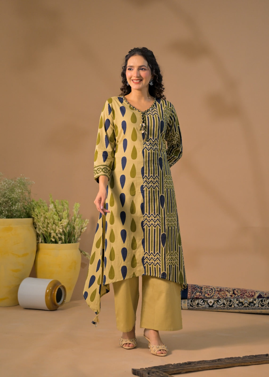 Dual-Pattern Asymmetric Hem Kurta & Straight Trouser Set