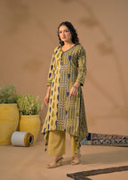 Dual-Pattern Asymmetric Hem Kurta & Straight Trouser Set
