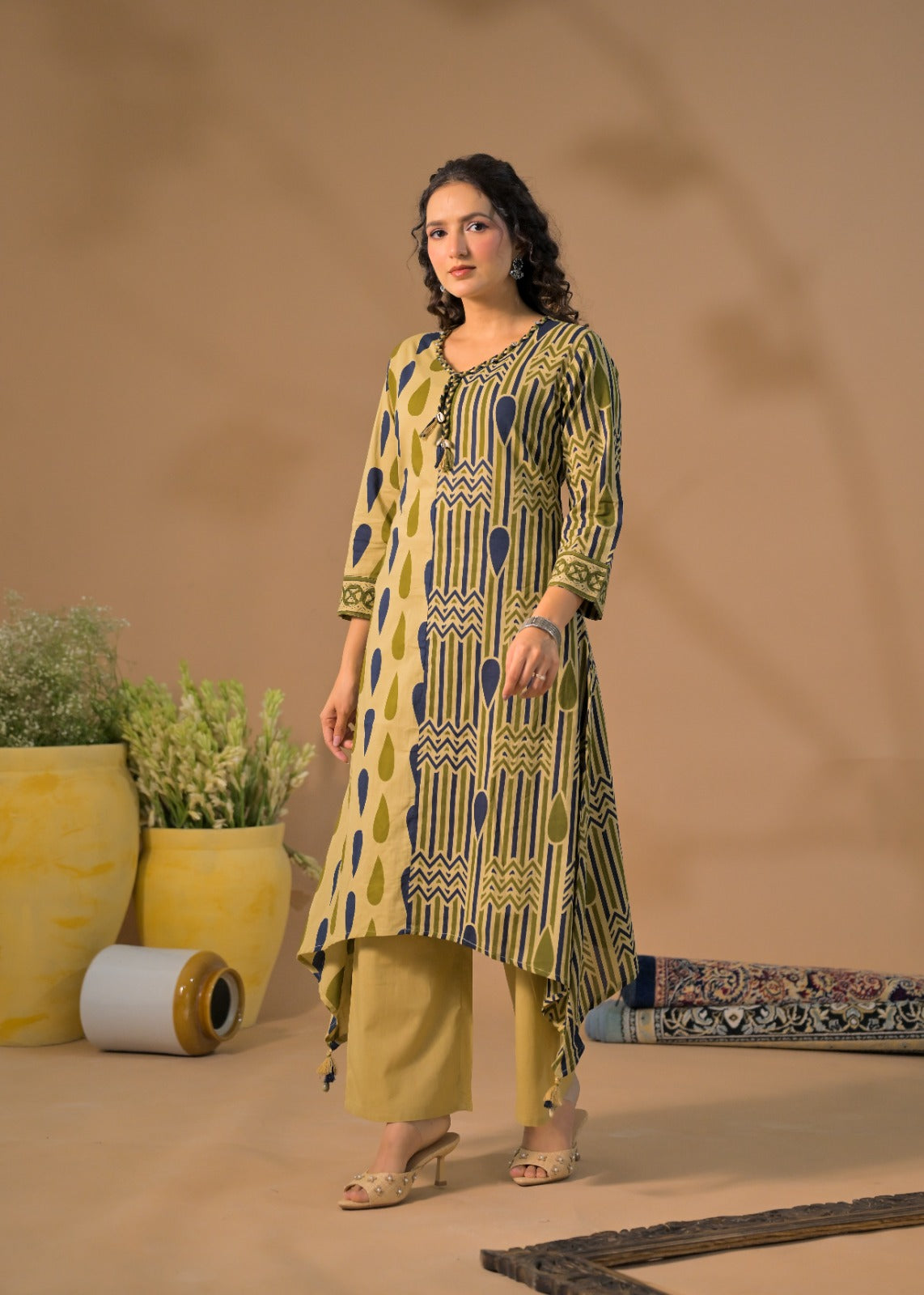 Dual-Pattern Asymmetric Hem Kurta & Straight Trouser Set