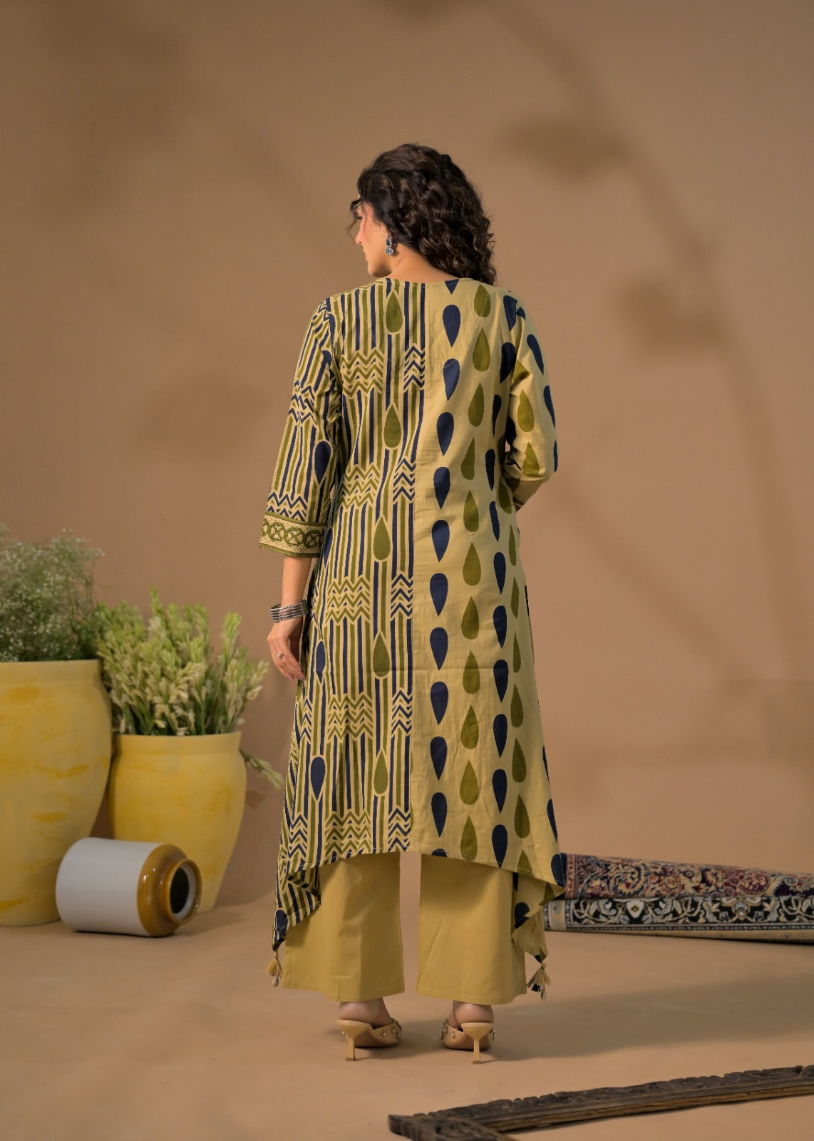 Dual-Pattern Asymmetric Hem Kurta & Straight Trouser Set