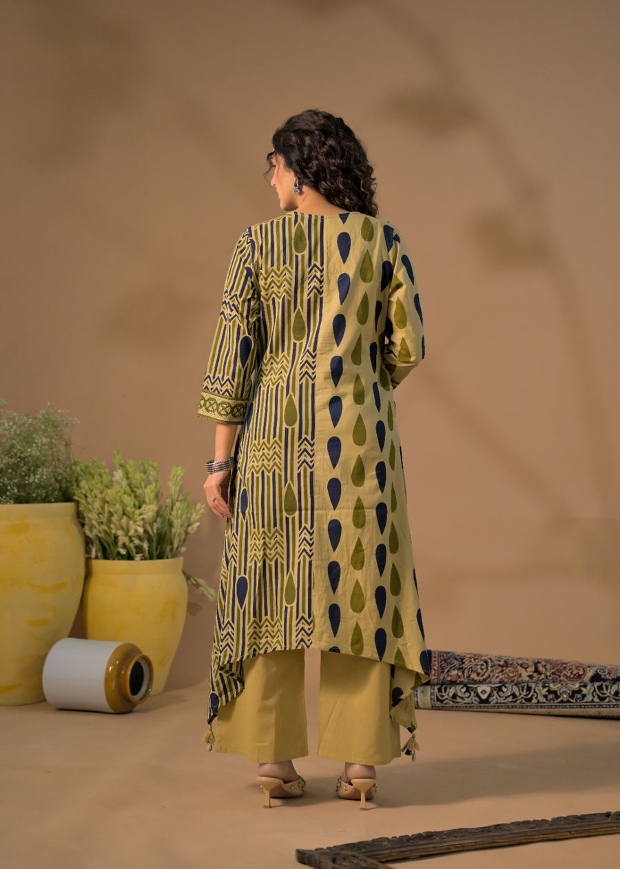 Dual-Pattern Asymmetric Hem Kurta & Straight Trouser Set