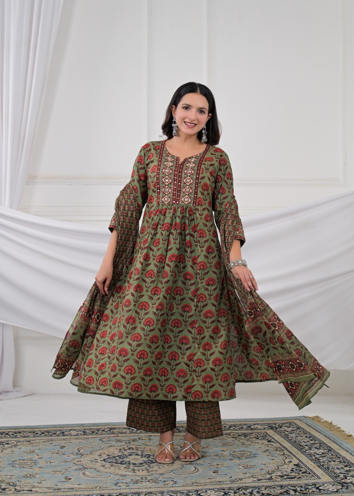 Floral Buti Printed Gathered Kurta Set with Pants & Dupatta
