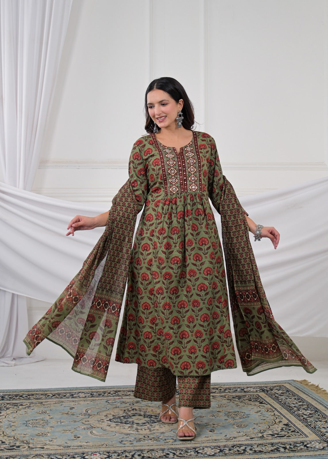 Floral Buti Printed Gathered Kurta Set with Pants & Dupatta