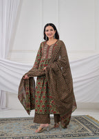 Floral Buti Printed Gathered Kurta Set with Pants & Dupatta