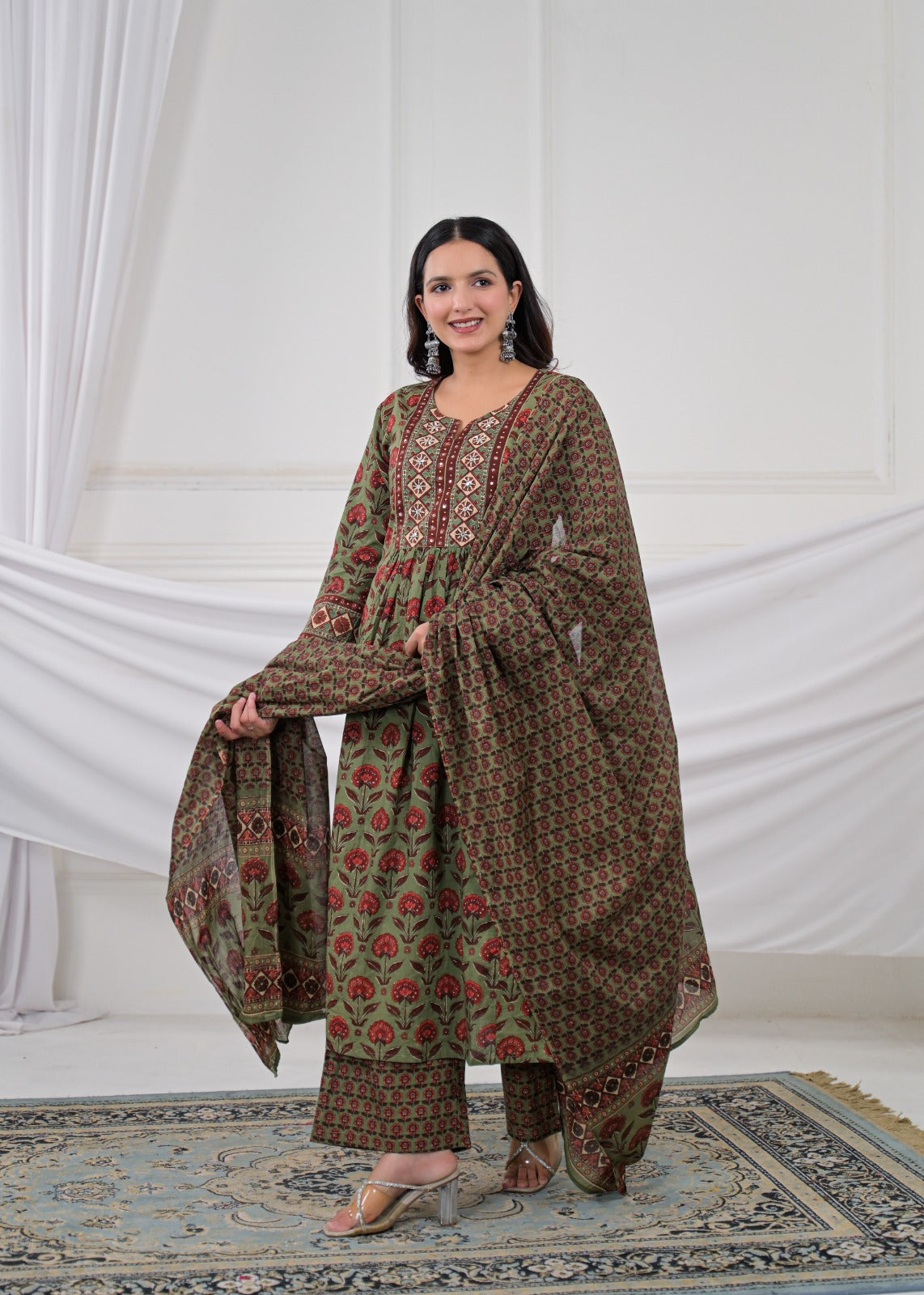 Floral Buti Printed Gathered Kurta Set with Pants & Dupatta