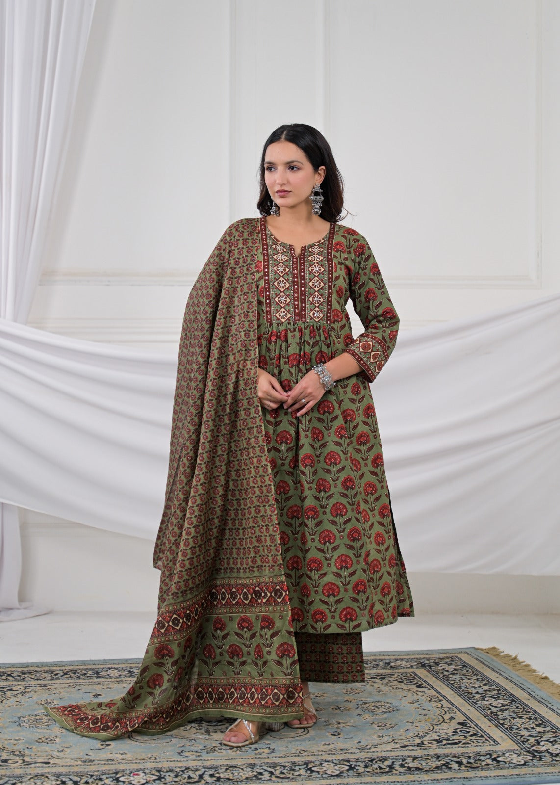 Floral Buti Printed Gathered Kurta Set with Pants & Dupatta