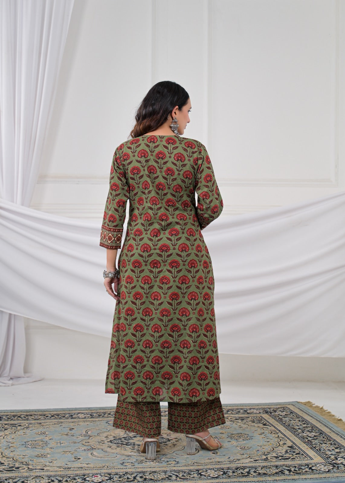 Floral Buti Printed Gathered Kurta Set with Pants & Dupatta
