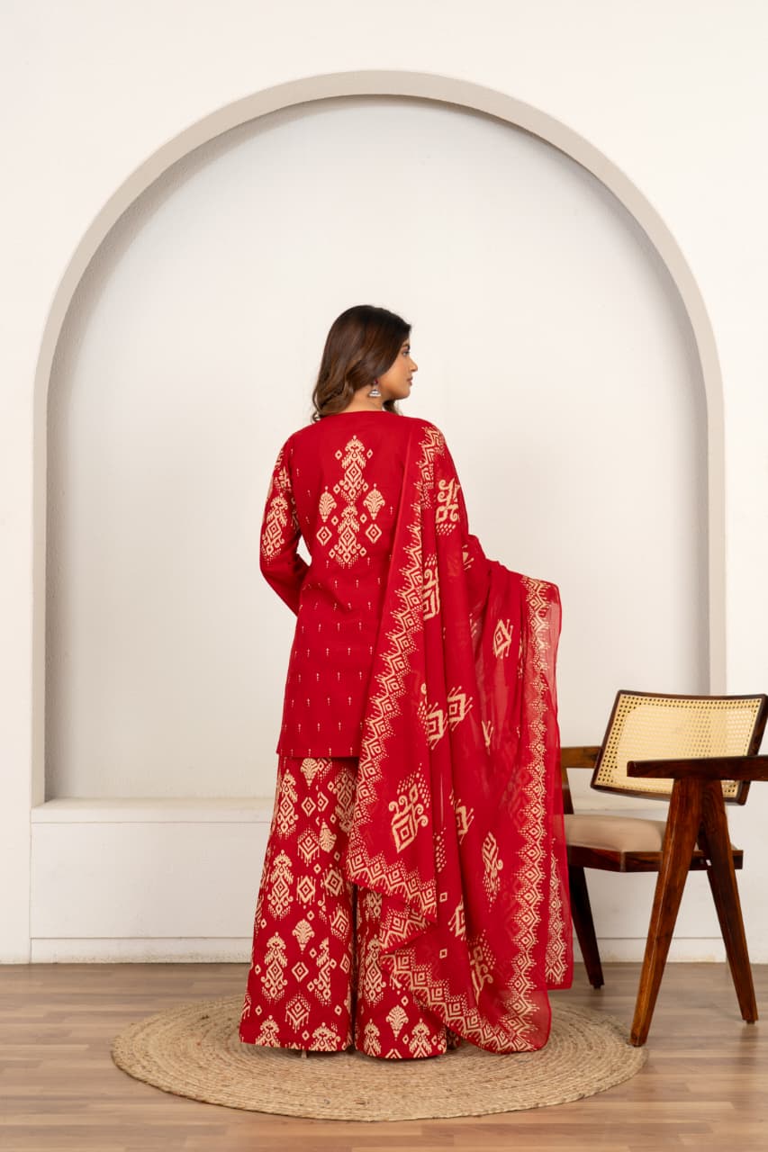 Keyhole Neckline Printed Festive Kurta Sharara Suit Set