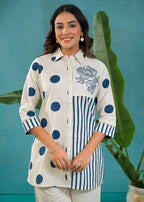 Asymmetric Polka Dot and Striped Print Button-Down Co-ord Set